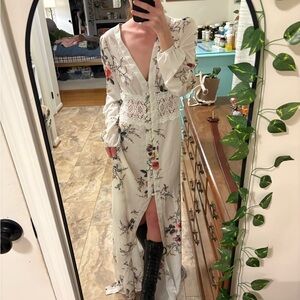 Boohoo Anna Floral Crochet 70s Style Maxi Dress with Lace Detail